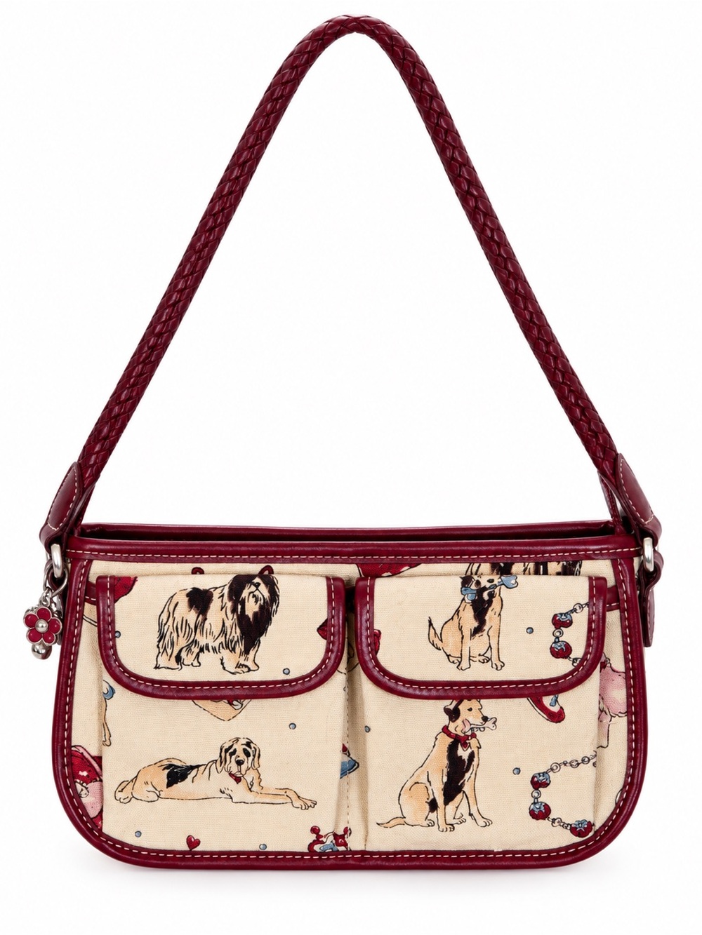 2003 Brighton Dog Print Shoulder Bag in Burgundy/Red and Cream
